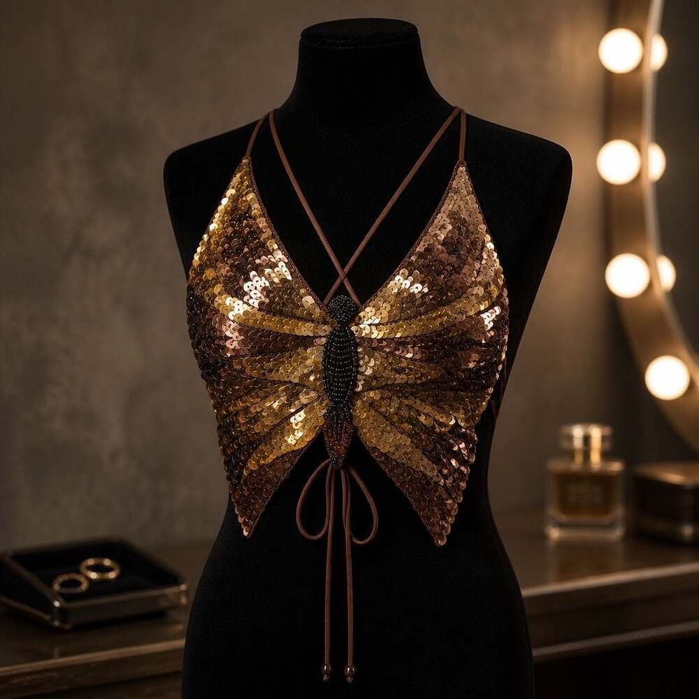 Shes U.S.A. Sequin Butterfly Halter Top Brown Gold #583